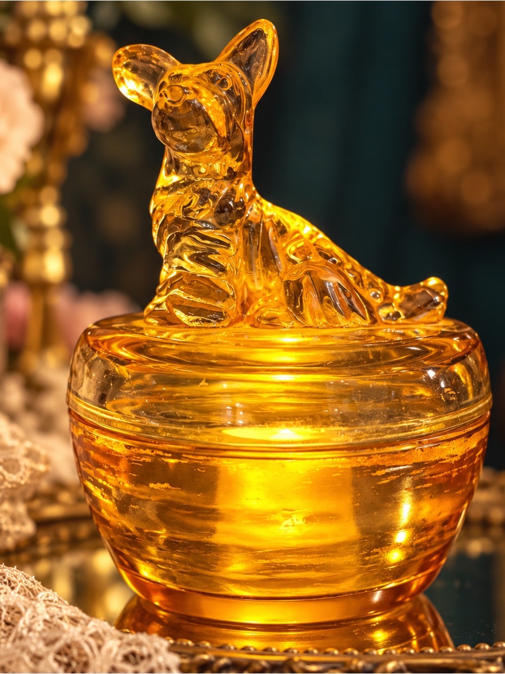Vintage Jeannette Glass Amber Scottie Dog Powder Box Trinket Dish Fairy Lamp
